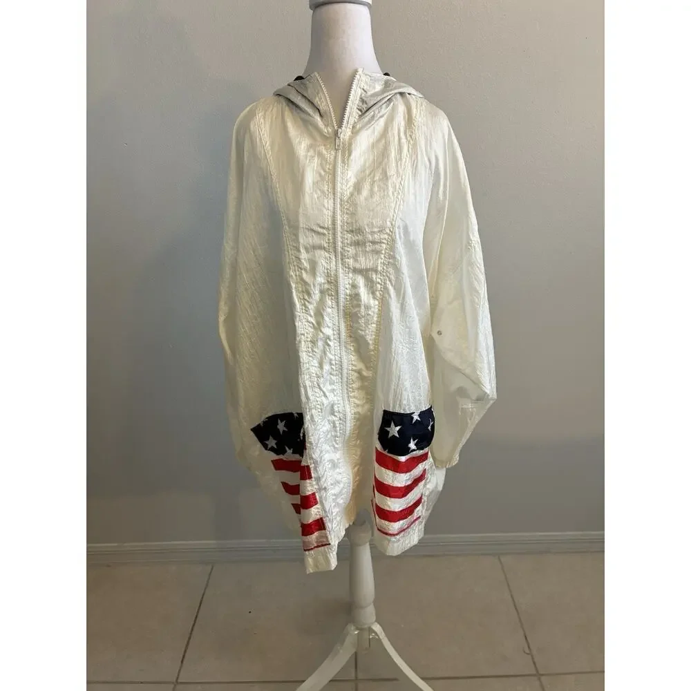 VTG 80s USA Flag Jacket Converts To Backpack Parachute Americana Stars Stripes L